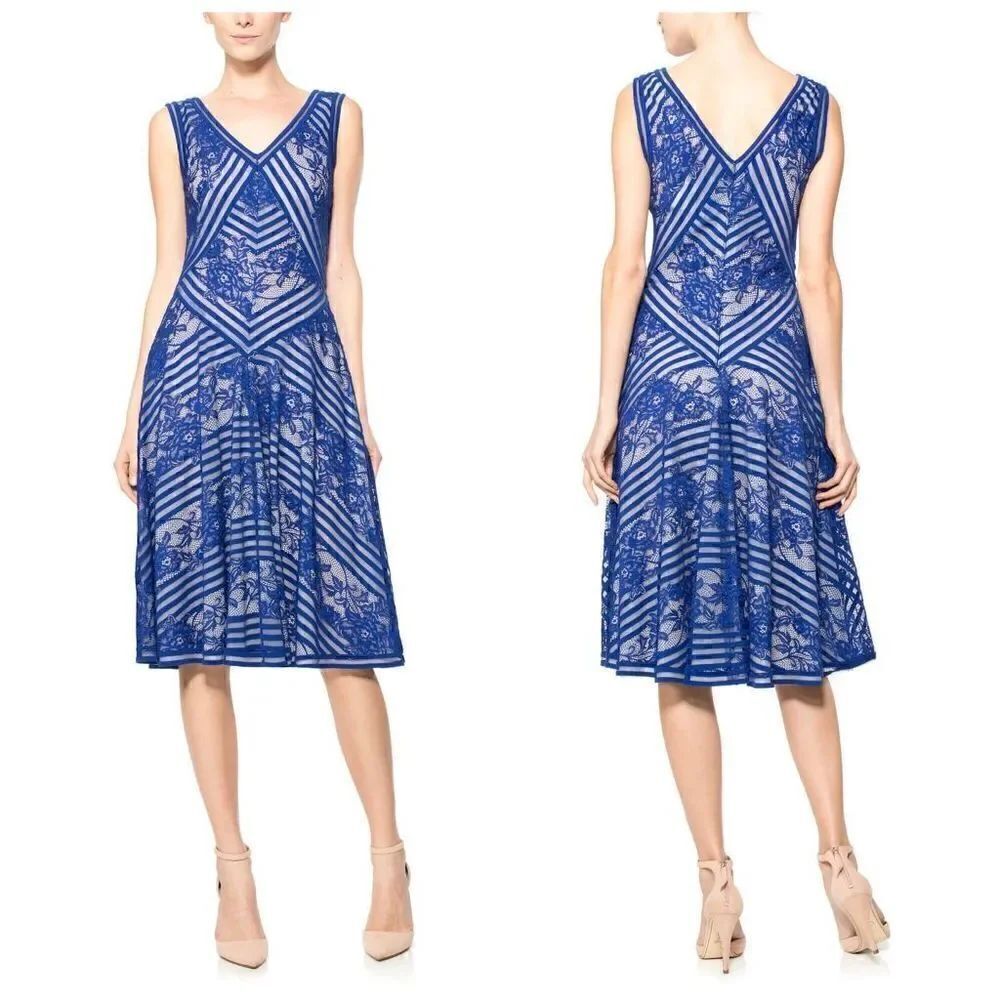 Tadashi Shoji Stripe and Floral Lace Knit Blue Dress Size 2